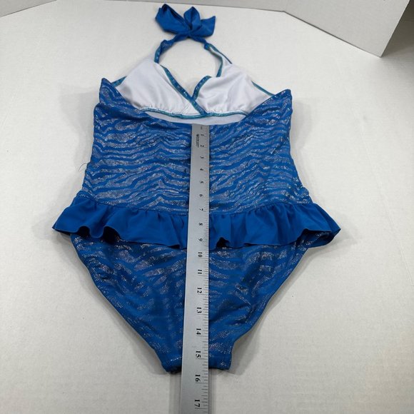 Justice Swim Girl's Size 18 One Piece Swim Suit Tie Neck Blue Preowned - Picture 10 of 11